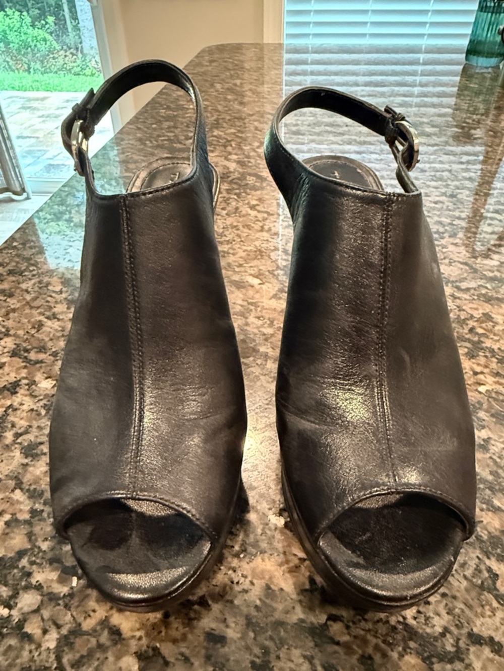 Tahari Black Leather Peep-Toe Slingback Mules